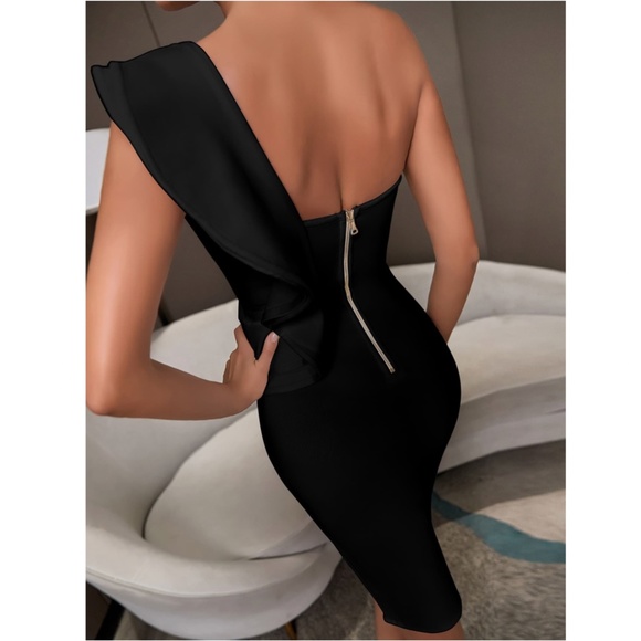 Bandage Flounce High Slit Pencil Black Dress - Picture 4 of 17